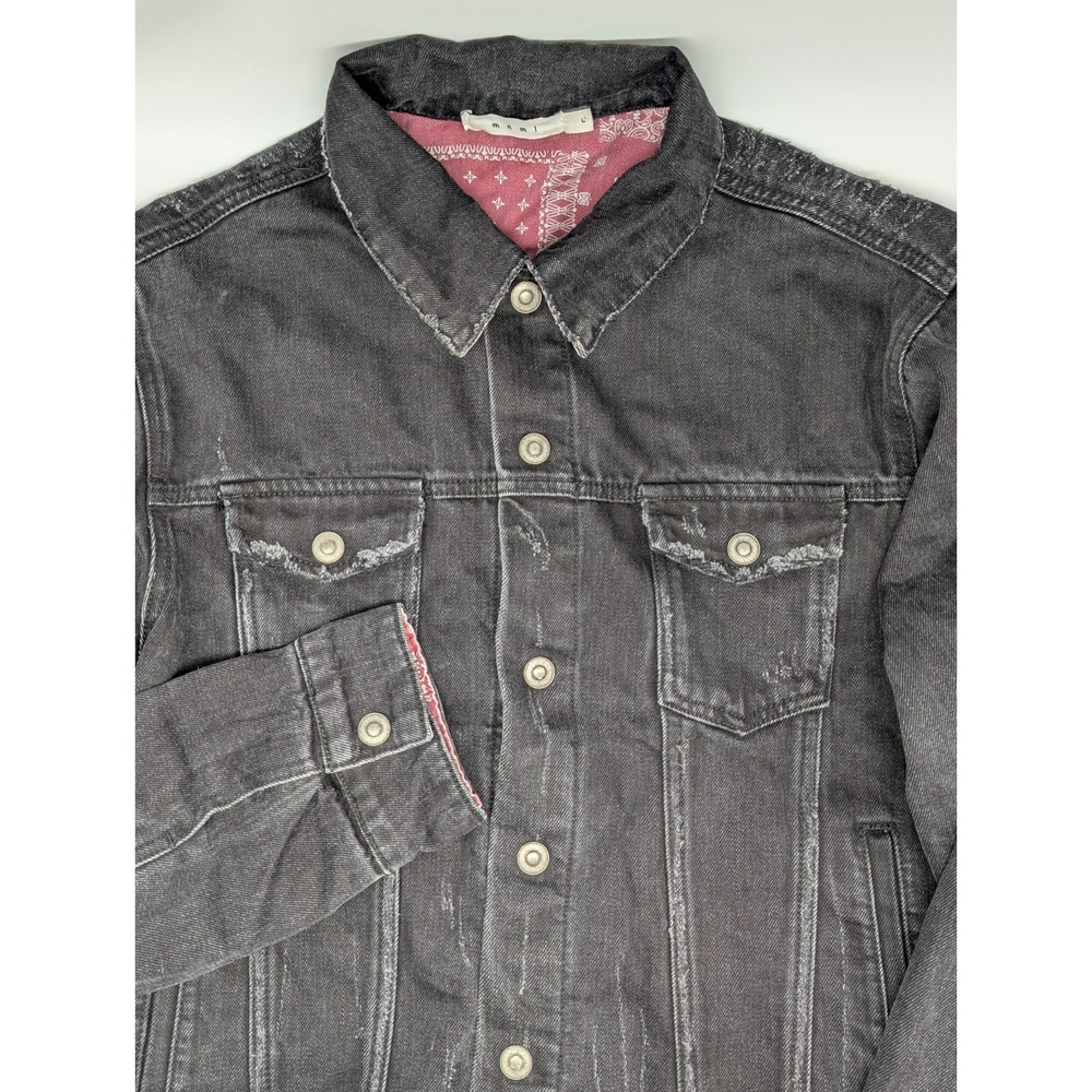 mnml Men's Large Reversible Denim Jacket Trucker Black‎ Pink Paisley Distressed